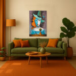 Abstraktes Leinwandbild Kubismus Frau Hut Blaue Orange Kunst