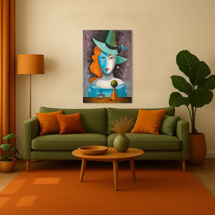 Abstraktes Leinwandbild Kubismus Frau Hut Blaue Orange Kunst