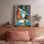 Abstraktes Leinwandbild Kubismus Frau Hut Blaue Orange Kunst