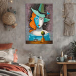 Abstraktes Leinwandbild Kubismus Frau Hut Blaue Orange Kunst