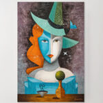 Abstraktes Leinwandbild Kubismus Frau Hut Blaue Orange Kunst