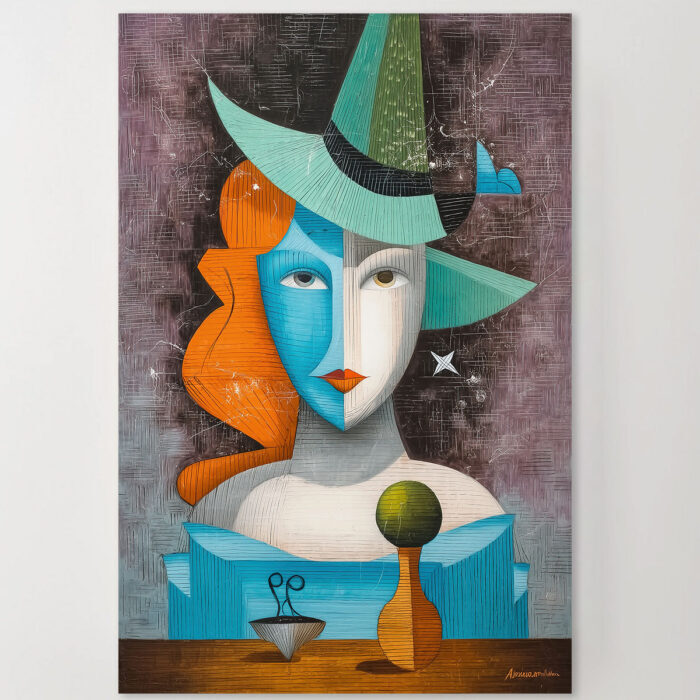 Abstraktes Leinwandbild Kubismus Frau Hut Blaue Orange Kunst