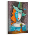 Abstraktes Leinwandbild Kubismus Frau Hut Blaue Orange Kunst