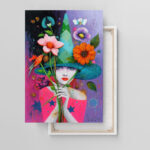 Buntes Leinwandbild Frau mit Hut Blumen Vogel Fantasie Kunst