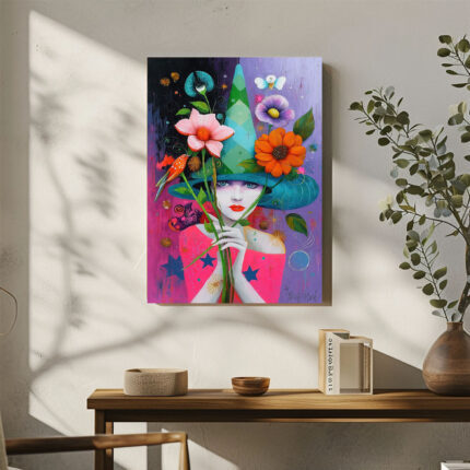 Buntes Leinwandbild Frau mit Hut Blumen Vogel Fantasie Kunst