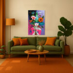 Buntes Leinwandbild Frau mit Hut Blumen Vogel Fantasie Kunst