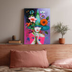 Buntes Leinwandbild Frau mit Hut Blumen Vogel Fantasie Kunst