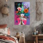 Buntes Leinwandbild Frau mit Hut Blumen Vogel Fantasie Kunst