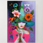 Buntes Leinwandbild Frau mit Hut Blumen Vogel Fantasie Kunst