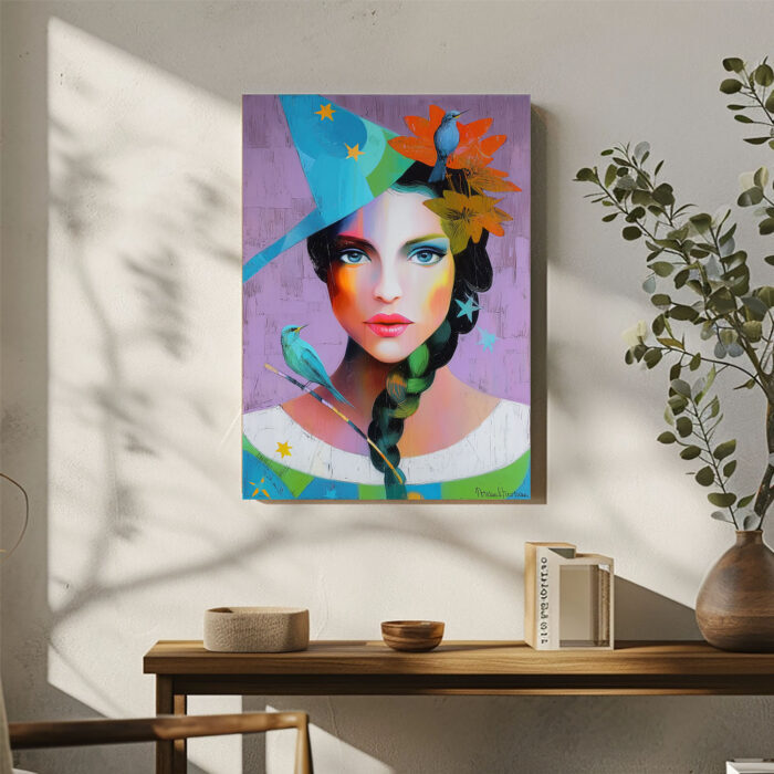 Abstraktes Leinwandbild Frau mit Hut bunte Farben Vögel Kunst