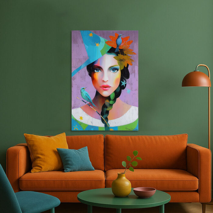 Abstraktes Leinwandbild Frau mit Hut bunte Farben Vögel Kunst