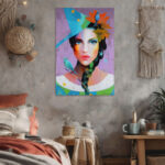 Abstraktes Leinwandbild Frau mit Hut bunte Farben Vögel Kunst