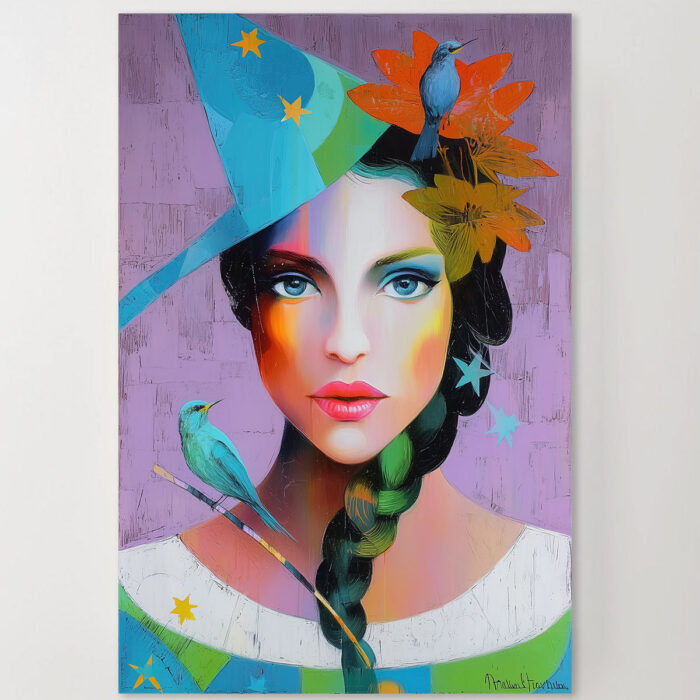 Abstraktes Leinwandbild Frau mit Hut bunte Farben Vögel Kunst