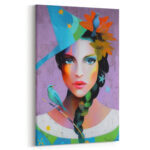 Abstraktes Leinwandbild Frau mit Hut bunte Farben Vögel Kunst