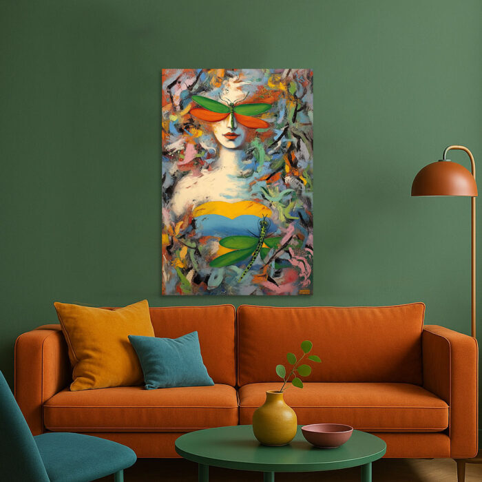 Abstraktes Modernes Kunst Leinwandbild Frau Libelle Farbenfroh Wohnzimmer Deko Einzigartig