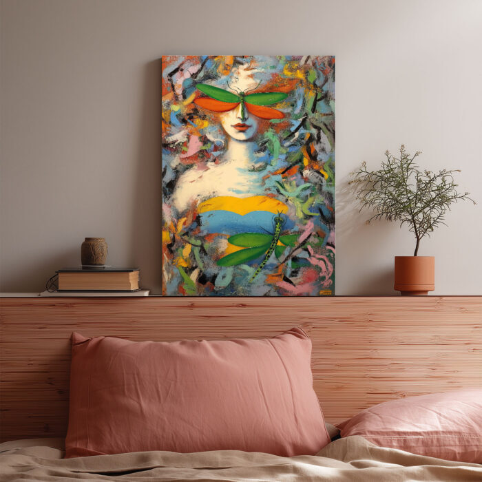 Abstraktes Modernes Kunst Leinwandbild Frau Libelle Farbenfroh Wohnzimmer Deko Einzigartig
