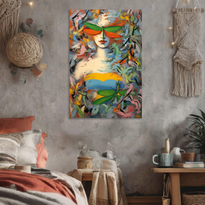 Abstraktes Modernes Kunst Leinwandbild Frau Libelle Farbenfroh Wohnzimmer Deko Einzigartig