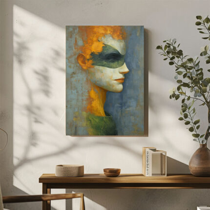 Abstrakte Frau Maske Leinwandbild Profil Orange Grün Moderne Kunst Einzigartig
