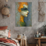 Abstrakte Frau Maske Leinwandbild Profil Orange Grün Moderne Kunst Einzigartig