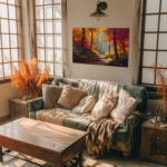 Abstraktes Leinwandbild Frau mit Hut rote Haare bunte Streifen Kunst (Kopie)