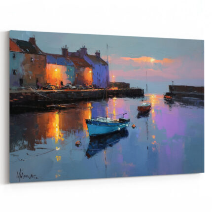 Hafen Sonnenuntergang Leinwandbild Küstenstadt Boote Malerei Wandkunst Maritim