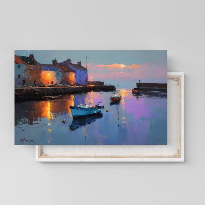 Hafen Sonnenuntergang Leinwandbild Küstenstadt Boote Malerei Wandkunst Maritim