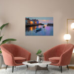 Hafen Sonnenuntergang Leinwandbild Küstenstadt Boote Malerei Wandkunst Maritim