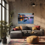 Hafen Sonnenuntergang Leinwandbild Küstenstadt Boote Malerei Wandkunst Maritim