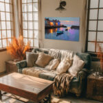 Hafen Sonnenuntergang Leinwandbild Küstenstadt Boote Malerei Wandkunst Maritim