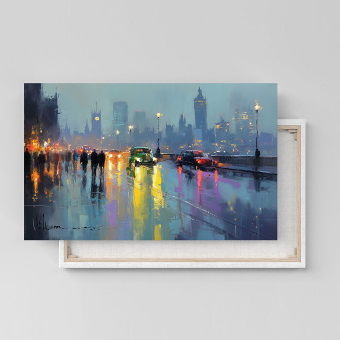 London im Regen Stadtlandschaft Leinwandbild Brücke Verkehr Nachtleben Kunst
