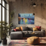 London im Regen Stadtlandschaft Leinwandbild Brücke Verkehr Nachtleben Kunst