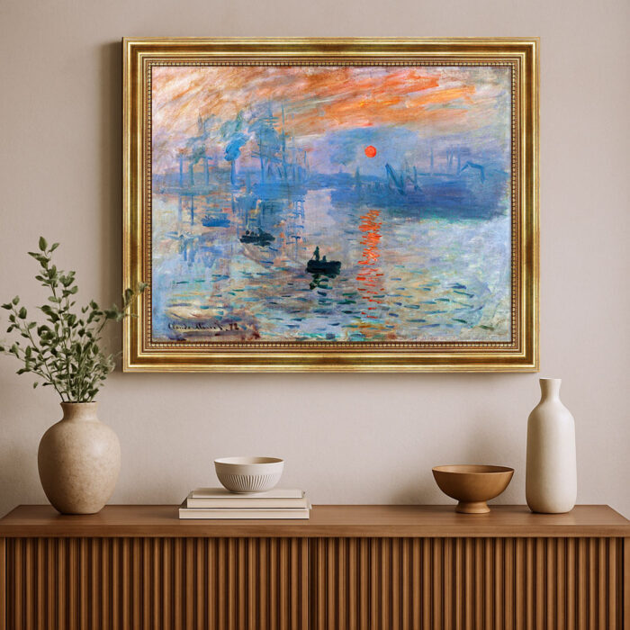 Impression, Sonnenaufgang von Claude Monet Bild mit Rahmen in Gold