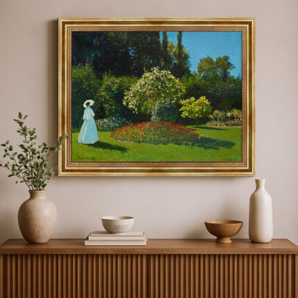 Frau im Garten von Claude Monet Bild mit Rahmen in Gold