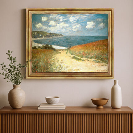 Strandweg durch den Weizen bei Pourville von Claude Monet Bild mit Rahmen in Gold