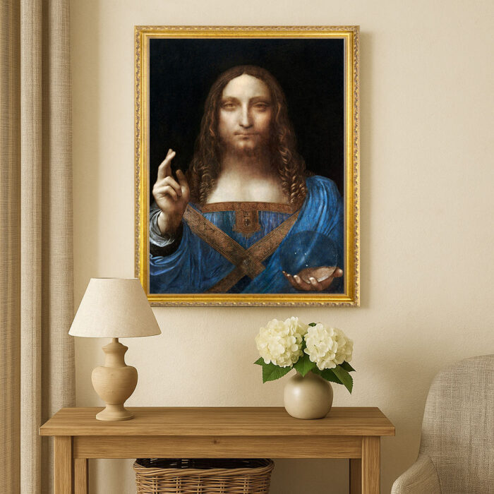 Salvator Mundi by Leonardo da Vinci Wall Art with Golden Frame Old Master Painting Reproduction Print for Home and Office Decorations