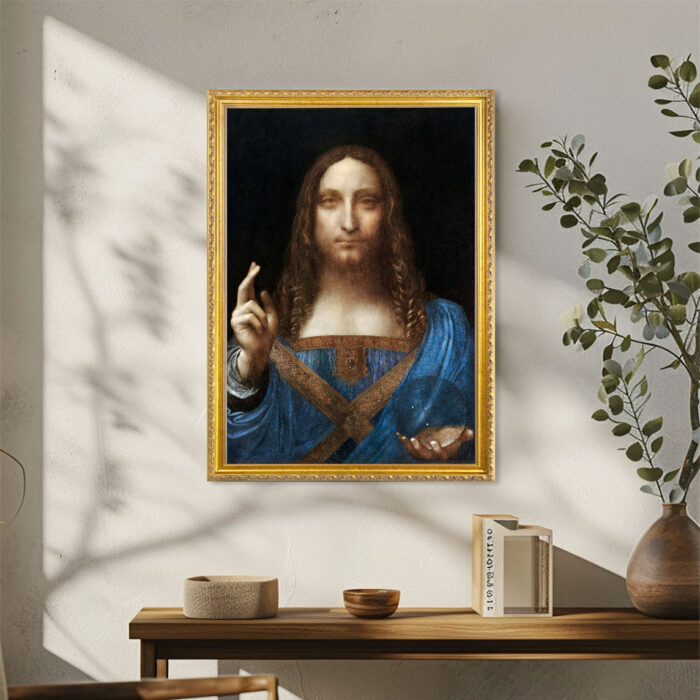 Salvator Mundi by Leonardo da Vinci Wall Art with Golden Frame Old Master Painting Reproduction Print for Home and Office Decorations