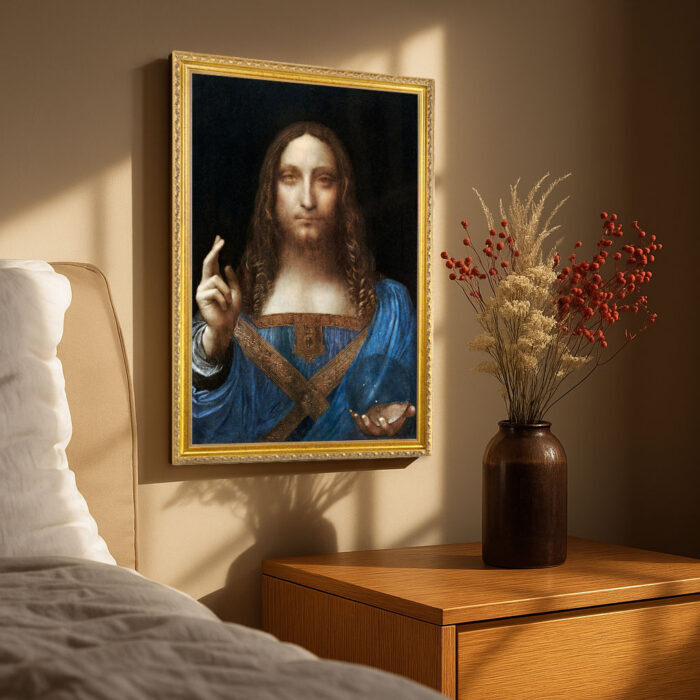 Salvator Mundi by Leonardo da Vinci Wall Art with Golden Frame Old Master Painting Reproduction Print for Home and Office Decorations