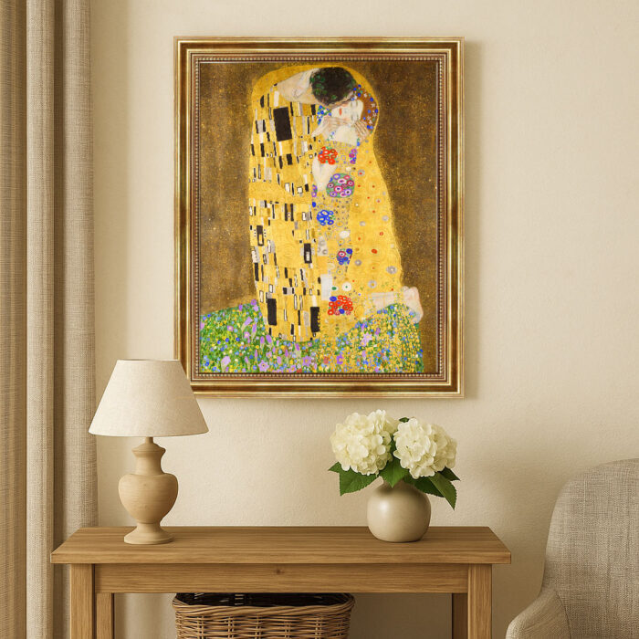 Der Kuss von Gustav Klimt Bild mit Rahmen in Gold (Kopie)