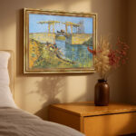 Die Langlois-Brücke bei Arles mit Wäscherinnen von Vincent van Gogh Bild mit Rahmen in Gold