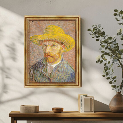 Selbstbildnis mit Strohhut von Vincent van Gogh Bild mit Rahmen in Gold