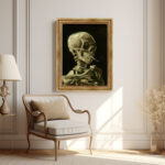 Schädel mit brennender Zigarette von Vincent van Gogh Bild mit Rahmen in Gold