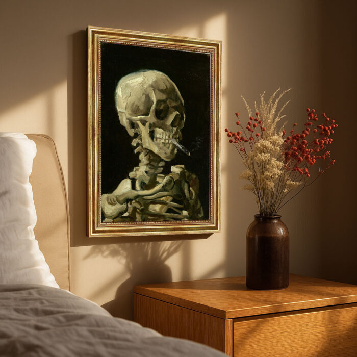 Schädel mit brennender Zigarette von Vincent van Gogh Bild mit Rahmen in Gold