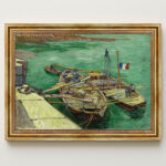 Kai mit Männern, die Sandkähne entladen von Vincent van Gogh Bild mit Rahmen in Gold