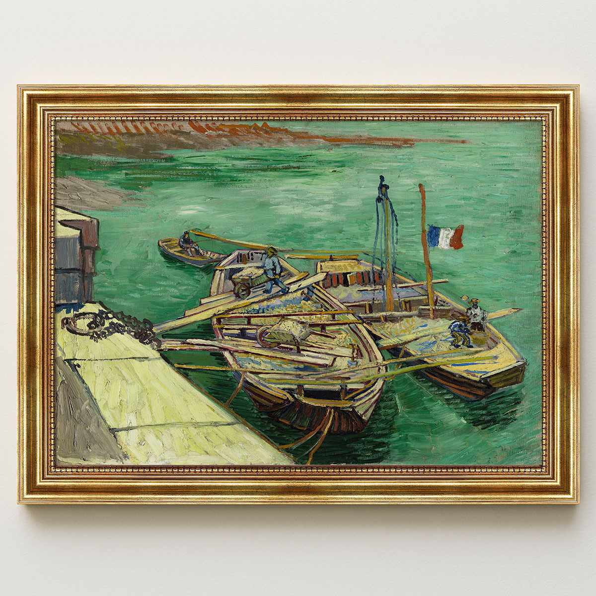 Vincent van Gogh_Quay with men unloading sand barges (1888)_bild Kai mit Männern, die Sandkähne entladen von Vincent van Gogh Bild mit Rahmen in Gold