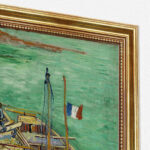 Kai mit Männern, die Sandkähne entladen von Vincent van Gogh Bild mit Rahmen in Gold