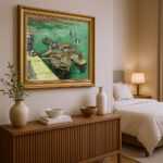 Kai mit Männern, die Sandkähne entladen von Vincent van Gogh Bild mit Rahmen in Gold