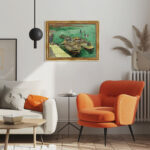 Kai mit Männern, die Sandkähne entladen von Vincent van Gogh Bild mit Rahmen in Gold