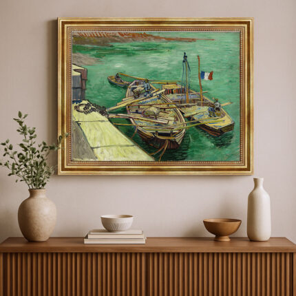 Kai mit Männern, die Sandkähne entladen von Vincent van Gogh Bild mit Rahmen in Gold