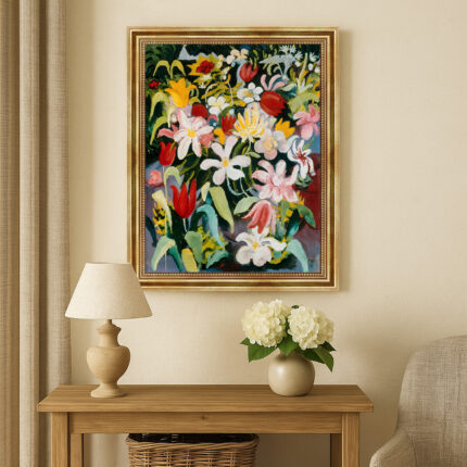 Blumenteppich von August Macke Kunstdruck Leinwandbild mit Rahmen in Gold