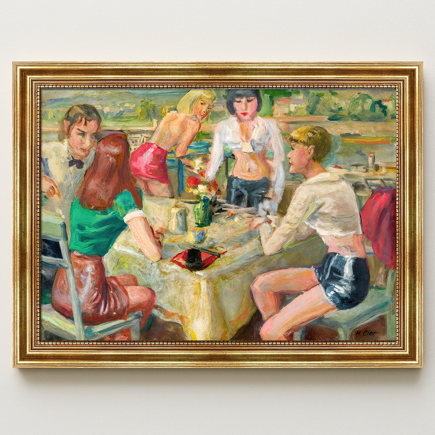 Clar-Hans-Zwei-Damen-im-Park-Junge-Gesellschaft_2_rahmen Hans Clar Kunstdruck Junge Leute im Park Impressionismus Leinwandbild mit Rahmen in Gold